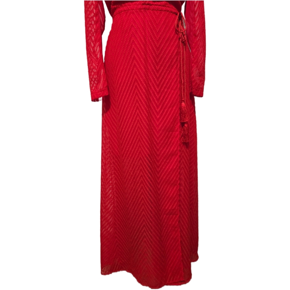 H&M Red Maxi Dress Sheer Textured Chevron Katy Perry Holiday Collection Size 4 - Picture 3 of 15